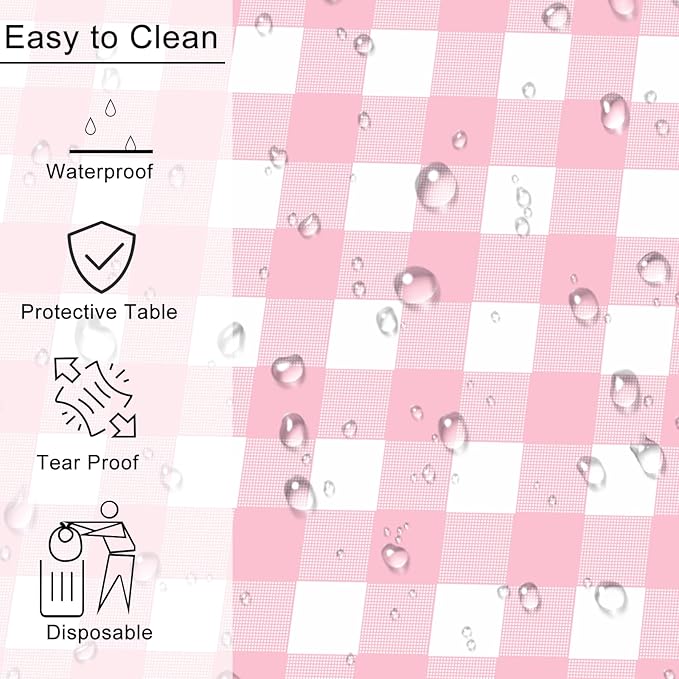 2 Pack Pink Gingham Tablecloth Rectangular Pink and White Checkered Tablecloths Disposable Plastic Pink Plaid Table Cover for Parties, Outdoor Picnic, Birthday, Wedding, Camping 54 × 108 Inch