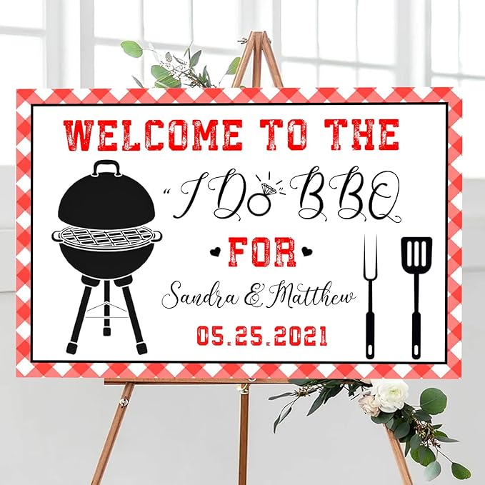 I Do BBQ Welcome Decoration - Printed Barbeque Sign for Engagement Party, Red Gingham Couples Shower