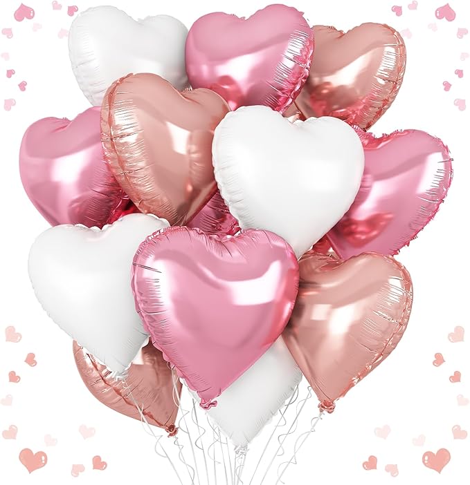 Pink White Heart Balloons, 18 Inch White Rose gold Heart Shape Balloon, 12PCS Pink and Rose Gold Helium Foil Heart Balloon for Birthday Baby Shower Engagement Wedding Valentine Party Decoration