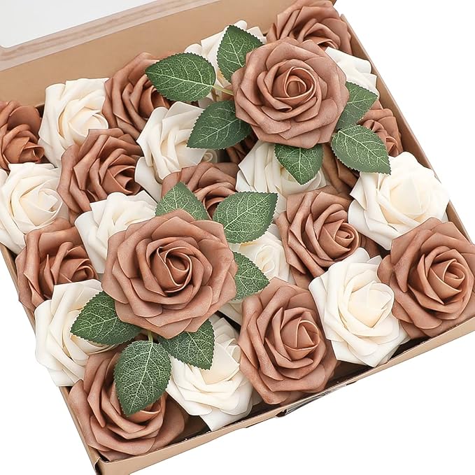 Floroom Artificial Flowers 25pcs Real Looking Gold Sparrow & Cream Foam Fake Roses with Stems for DIY Wedding Bouquets Bridal Shower Centerpieces Floral Arrangements Party Tables Home Decorations