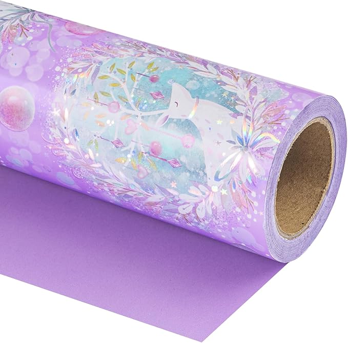 WRAPAHOLIC 30 Inch Jumbo Reversible Purple Christmas Wrapping Paper - 30 Inch x 100 Feet Jumbo Roll Purple Reindeer and Christmas Garland with with Metallic Foil Shine for Holiday, Party