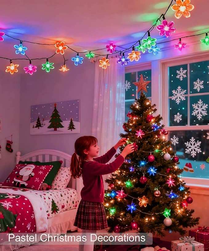 Pastel Flower String Lights Indoor Decorations, 33ft 100 LED USB Plug in Aesthetic Cherry Blossom Floral Lamp for Christmas Tree Vines Wall Ceiling Spring Garden Hanging Decor, Multicolored