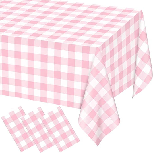3 Pack Pink Gingham Tablecloth Rectangular Pink and White Checkered Tablecloths Disposable Plastic Plaid Table Cover for Parties, Outdoor Picnic, Birthday, Wedding, Camping 54 × 108 Inch