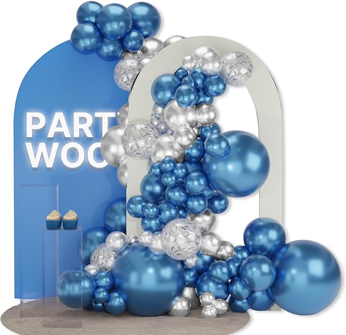 PartyWoo Blue and Silver Balloons, 100 pcs Metallic Blue and Metallic Silver Balloons Different Sizes Pack of 18 Inch 12 Inch 10 Inch 5 Inch for Balloon Garland or Balloon Arch as Party Decorations