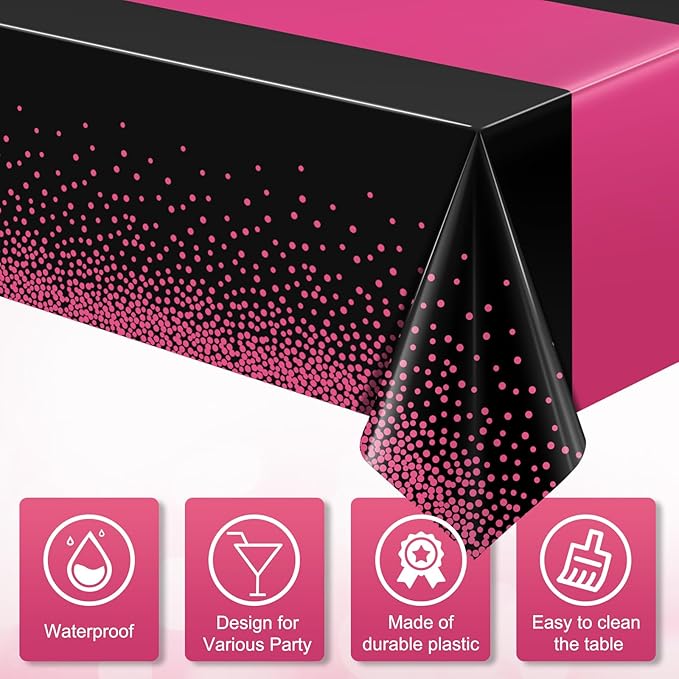 6Pcs Black Hot Pink Tablecloth Party Decorations,Plastic Black Table Cloth Printed Hot Pink Table Runner Disposable Rectangle Cover for Birthday Wedding Anniversary Graduation Party,54x108 Inch