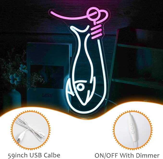 Fishing Neon Sign Dimmable LED Fishing Neon Lights Signs for Wall Decor Fish Neon Wall Light Up Sign for Living room Man Cave Yacht Decor Gift For Boys