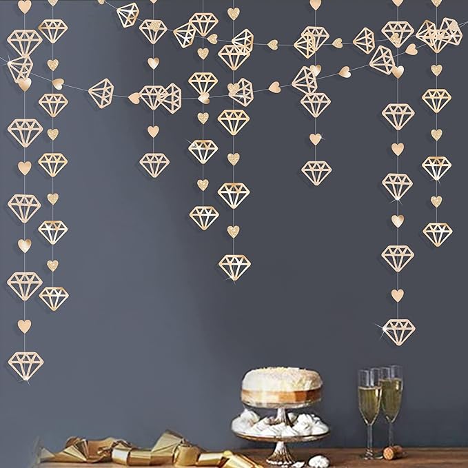 52 Ft Valentines Day Party Decorations Champagne Gold Heart Garland Hanging Paper Diamond Heart Streamer Banner for Engagement Bachelorette Bridal Shower Wedding Anniversary Mothers Day Birthday Party