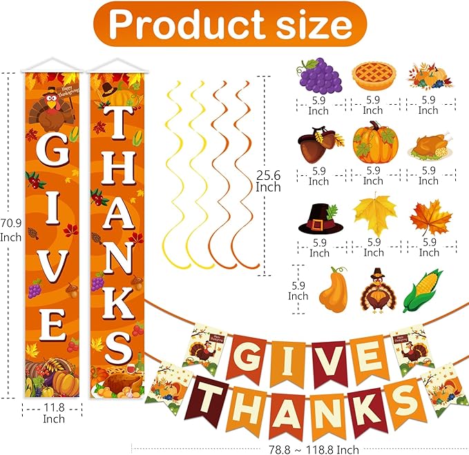 Thanksgiving Decorations Pre-Assembled GIVE THANKS Banner Hanging Swirls Porch Door Sign for Fall friendsgiving Party Home Office Classroom School Indoor outdoor Decor