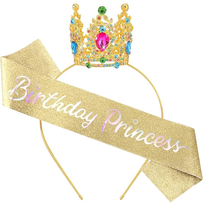 Birthday Princess Sash for Women Tiara & Crowns Headbands for Girls Happy Birthday Party Accessories Favor Supllies Leona Gold Pink, 2 Pack