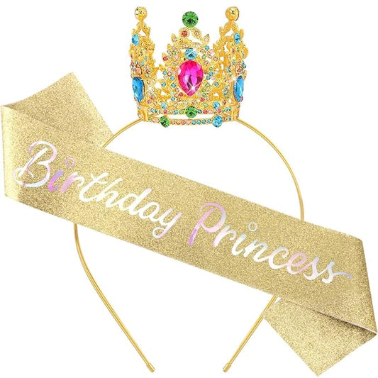 Birthday Princess Sash for Women Tiara & Crowns Headbands for Girls Happy Birthday Party Accessories Favor Supllies Leona Gold Pink, 2 Pack