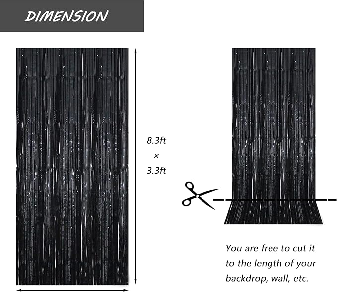 Black Foil Fringe Curtain 3.3×8.3FT 6 Packs, Metallic Tinsel Curtains Party Streamers for Birthday Graduation Baby Shower Decoration (6pcs,3.3FT×8.3FT, Black)