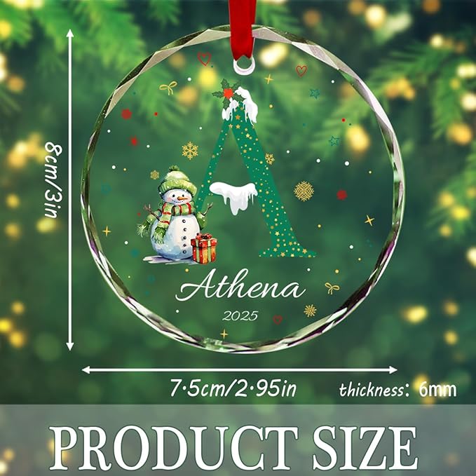 Personalized Round Christmas Crystal Glass Ornaments Custom 2025 Name Ornament for Christmas Tree Decor Customized Smowman Tree Hanging Gifts for Family