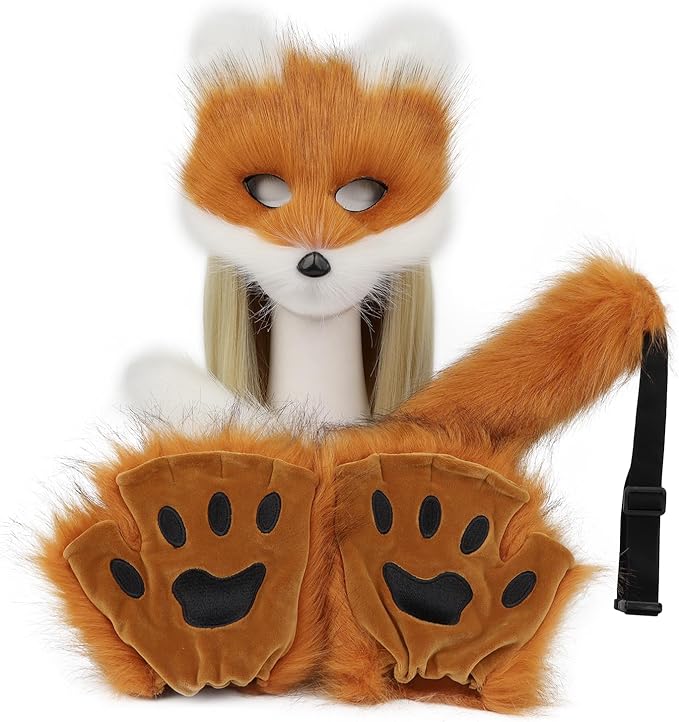 HAOAN Furry Fox Mask Wolf Fox Tail and Paw Gloves Set Adult Cat Halloween Mask Cosplay Animal Party Costume