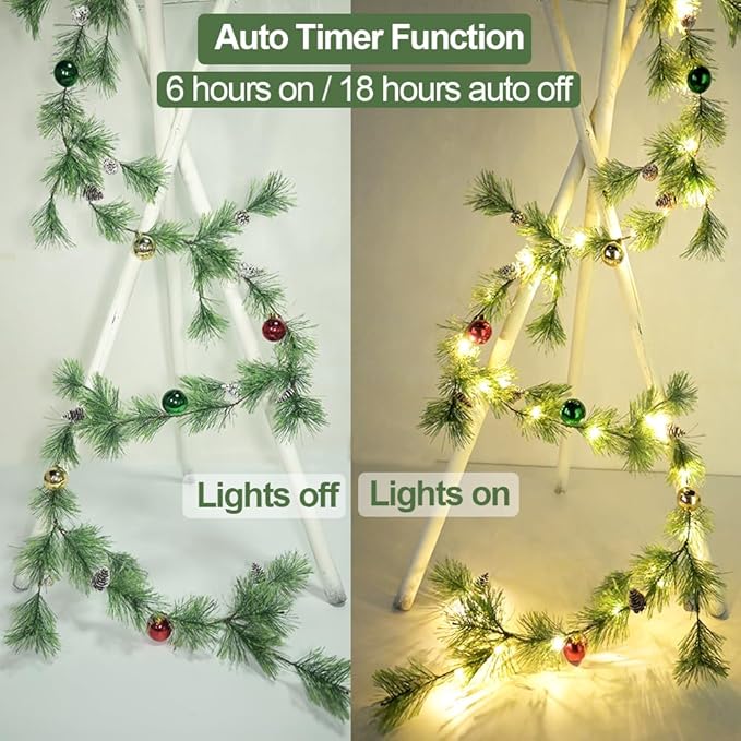 Christmas Garland Lights with Christmas Balls 6.56FT 30 LED Fairy Lights Battery Operated Smokey Pine Garlands with Pine Cones Greenery Garland Wreath for Xmas Tree Holiday Home Mantle Door Decoration