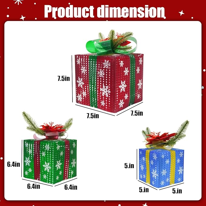 3 Pcs Christmas Lighted Gift Boxes with Bow 60 LED Battery Operated Pre-lit Present Box Decorations for Xmas Holiday Home Outdoor Yard