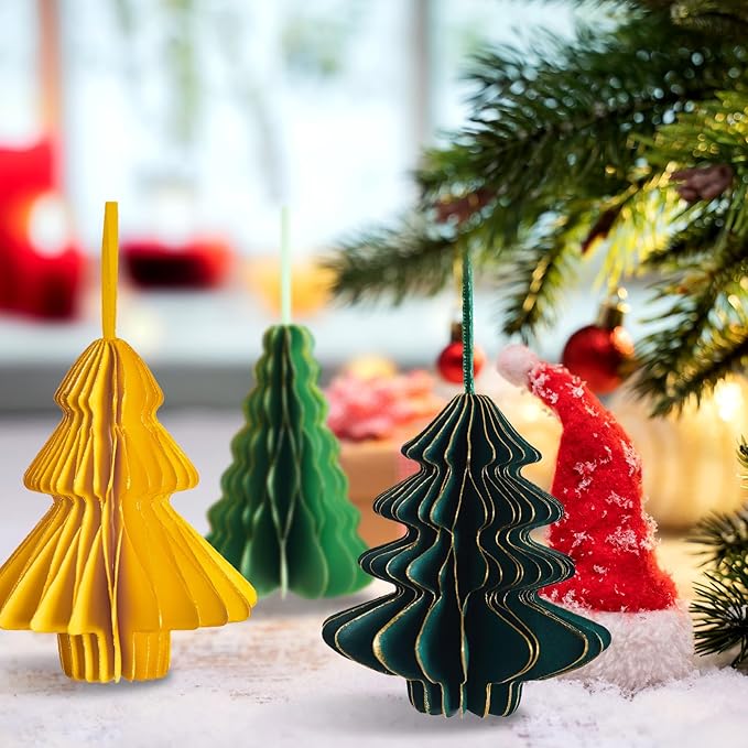 Paper Christmas Tree Ornaments, Red and Green Xmas Party Decorations, 6PCS 3D Mini Glitter Edges Paper Honeycomb Ornaments for Xmas, New Years, Holiday Home Decor