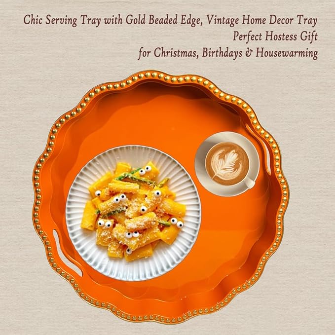 Orange Decorative Tray for Coffee Table, Wavy Scallop Beaded Plastic Serving Tray forKitchen Counter, Ottoman, Living Room, (13")