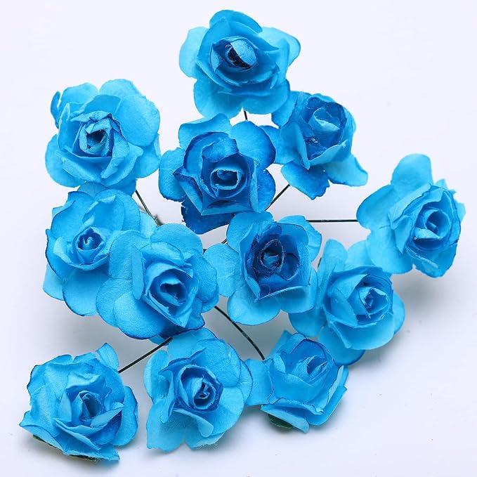 144pcs Mulberry Paper Mini Roses Artificial Flowers Heads with Stems for DIY Crafts Accessories Make Bridal Hair Clips Headbands Dress Wedding Bridal Bouquet Home Decor Valentine's (Turquoise Blue)