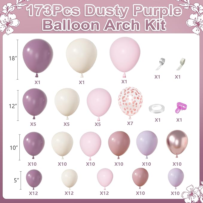 Amandir 173Pcs Dusty Purple Balloon Arch Garland Kit, Double-stuffed Pink White Sand Lavender Lilac Light Purple Rose Gold Confetti Balloons for Baby Bridal Shower Wedding Birthday Party Decorations
