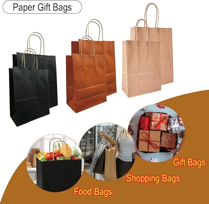 BAG BOX 25 Pack Medium 8.25x4.3x10.6 Inch Black Kraft Paper Gift Bags with Handles for Bulk Shopping, Retail, Craft, Party Favors, Wedding, Grocery & Sacks