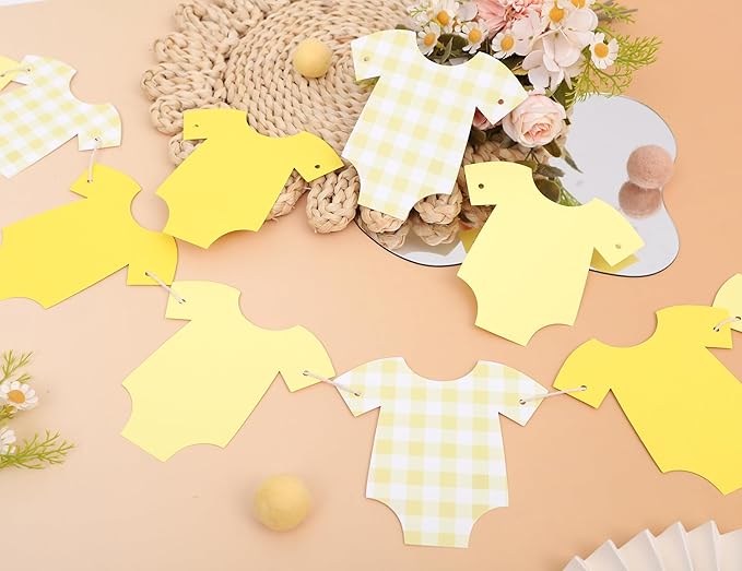 Yellow Bodysuit Banner - Baby Shower Decoration Gingham Banner,Baby Bodysuit Gender Reveal Party (Yellow)