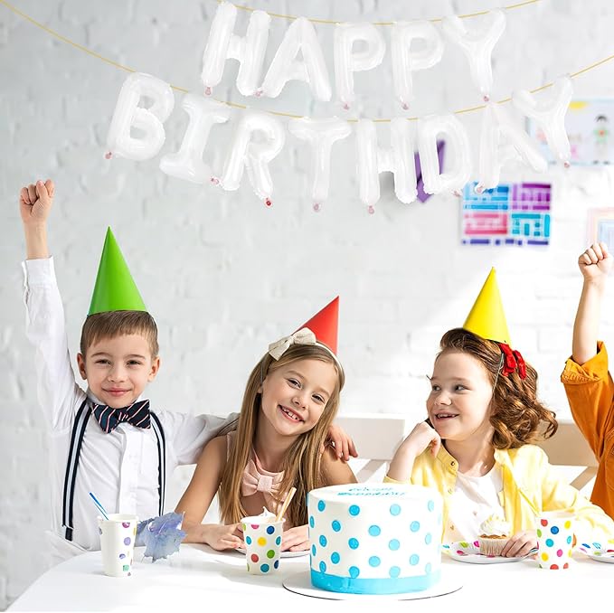 LIOZEOKUN Happy Birthday Balloon Letters 16 inch Mylar Foil Birthday Balloons Banner Sign for Birthday Party Decorations Supplies (White)