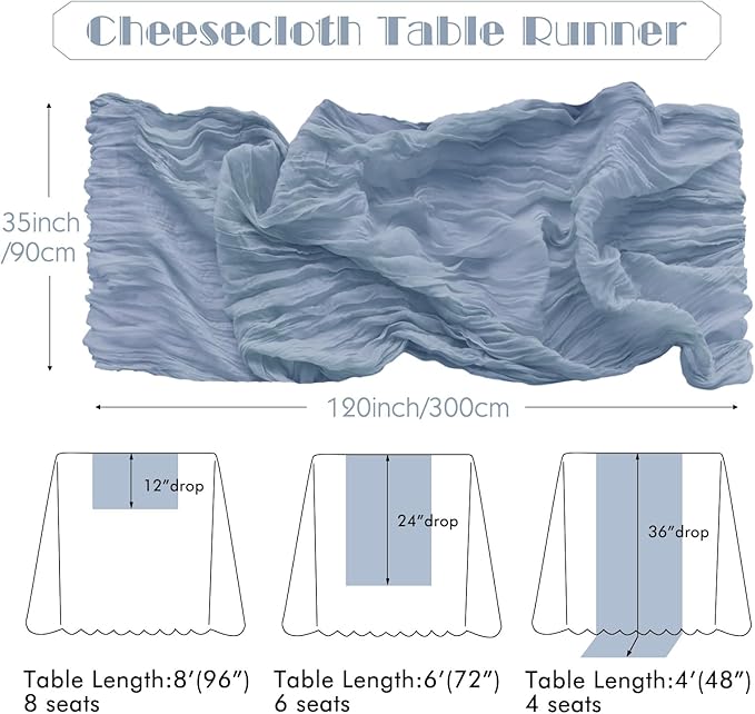 IVAPUPU 2 Pcs Cheesecloth Table Runner - 10ft Dusty Blue Boho Gauze Cheese Cloth Table Runners for Baby Shower Decoration Wedding Party Summer Garden Farmhouse
