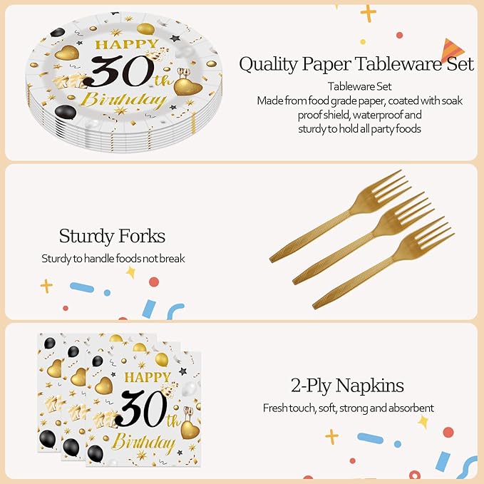 75PCS 30th Birthday Plates and Napkins Party Decorations, 7 Inch Premium Grey and Gold Happy Birthday Plates and Napkins Disposable Tableware Set 30 Year Old Birthday's Party Decor Women Men Her Him