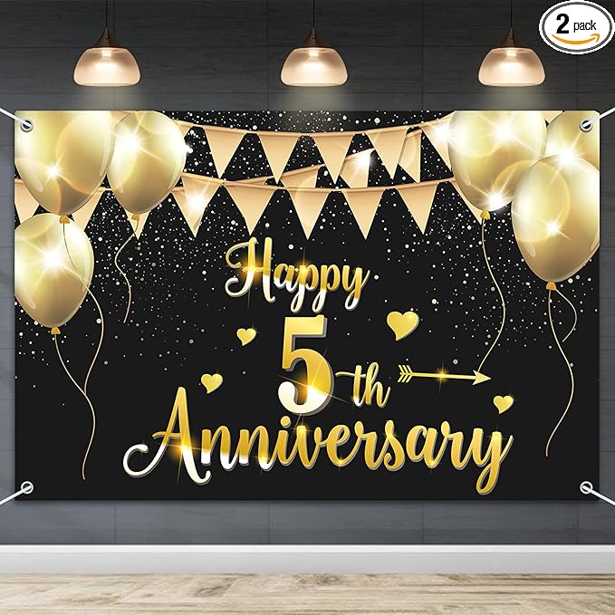 HAMIGAR 6x4ft Happy 5th Anniversary Banner Backdrop - 5 Wedding Anniversary Decorations Party Supplies - Black Gold