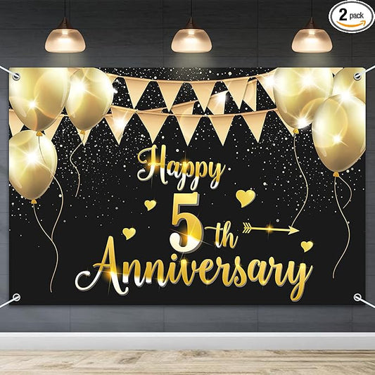 HAMIGAR 6x4ft Happy 5th Anniversary Banner Backdrop - 5 Wedding Anniversary Decorations Party Supplies - Black Gold