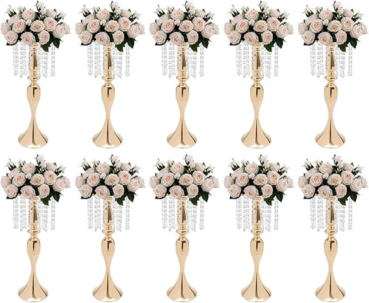 Wedding Centerpieces Gold Vases,10PCS Metal Flower Candle Holder with Sparkling Crystal Beads,Crystal Flower Vase Metal Flowers Stand for Party Tables Decorations (10pcs Gold-Height 21.3)