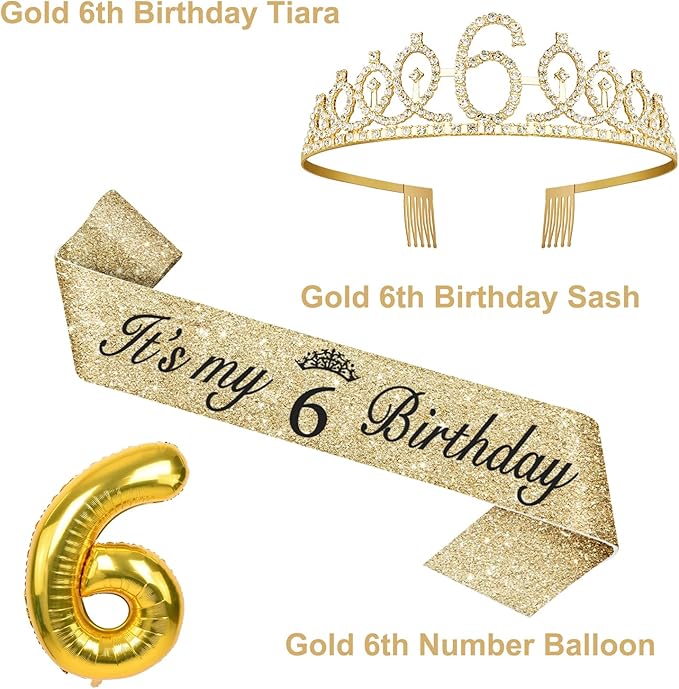 6th Birthday Decorations for Girl with 6th Birthday Sash and Tiara, Candle and Cake Topper, Number Balloon, 6 Year Old Girl Gifts