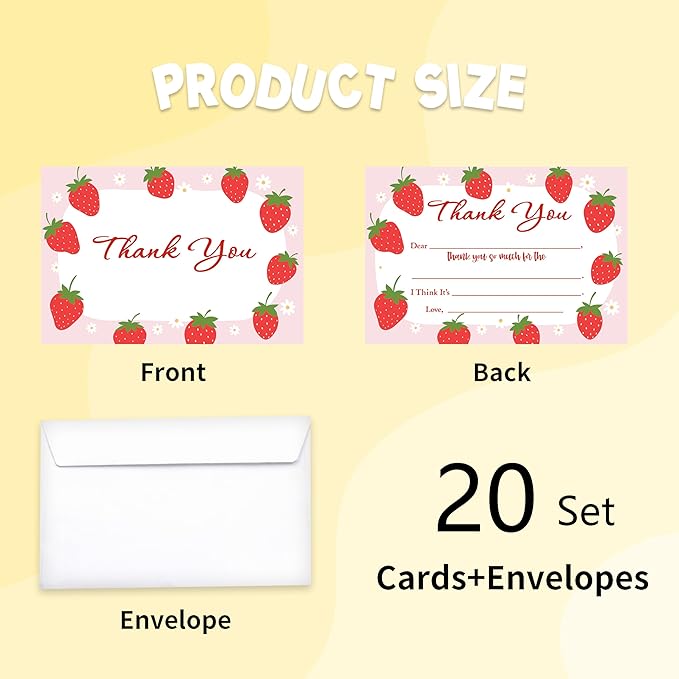 Kids Thank You Card, Strawberry Theme Thank You Notes, Watercolor Fruit Greeting Card With Envelope, Birthday Wedding Graduation Christmas Party Favors Supplies Decor(20 Pcs)-01