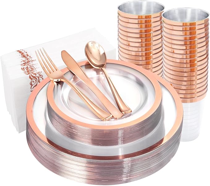 YOUBET 175PCS Rose Gold Plastic Plates - Clear Plastic Plates Disposable with Rose Gold Rim includes 50 Rose gold plates, 25Forks, 25Knives, 25Spoons, 25Cups, 25Napkins for Party & Wedding