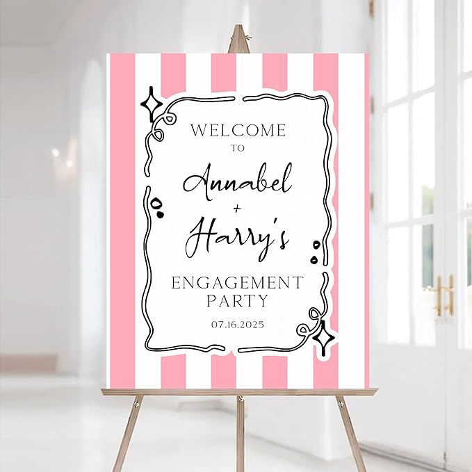 Pink Striped Engagement Party Sign-Sweet Candy Engagement Sign Template, Pinky Watercolor Engaged