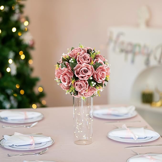 BLOSMON Dusty Pink Flowers Decoration: 6 Pcs Artificial Roses Flowers Balls for Wedding Dinning Table Centerpieces - Fake Silk Kissing Floral Arrangement for Home Party Event