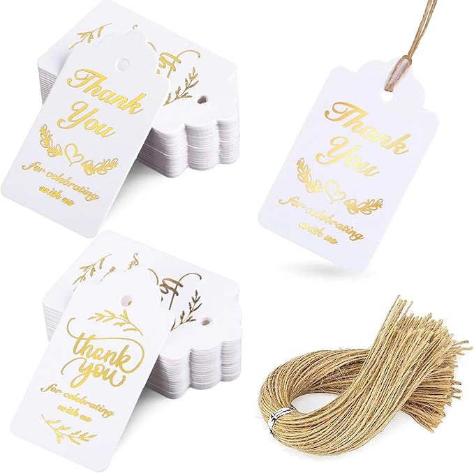 SallyFashion 100PCS Gold Stamp Gift Tags with Strings - White Paper Tags Hanging Labels for Wedding, Bridal Party, Baby Shower, Invitation, Thanksgiving