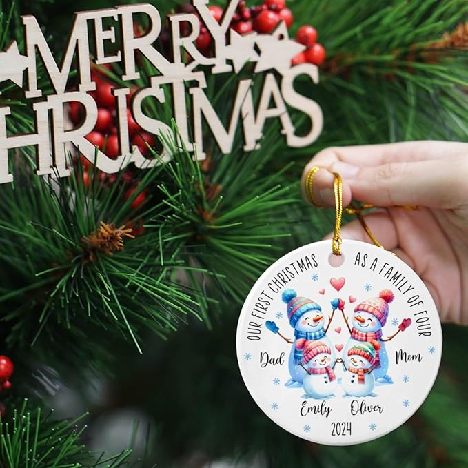 Our First Christmas as A Family of Four Ornament, Personalized Family of 4 Snowman Ceramic Ornament Xmas 2025, 1st Xmas as Family of 4 Snowman Keepsake Gifts, Custom Names Snowman Family Ornament