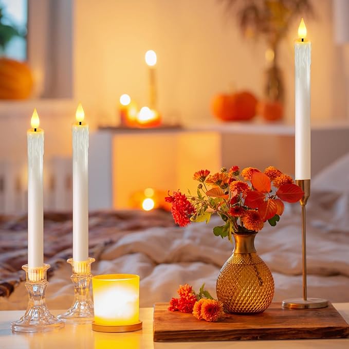 OCATO Flameless Candles with Remote Timer: 8 Pcs Battery Operated Window Candles 9.6" Real Wax LED Flickering Flameless Taper Candles 3D Wick Lights Halloween Christmas Wedding Party Decorations White