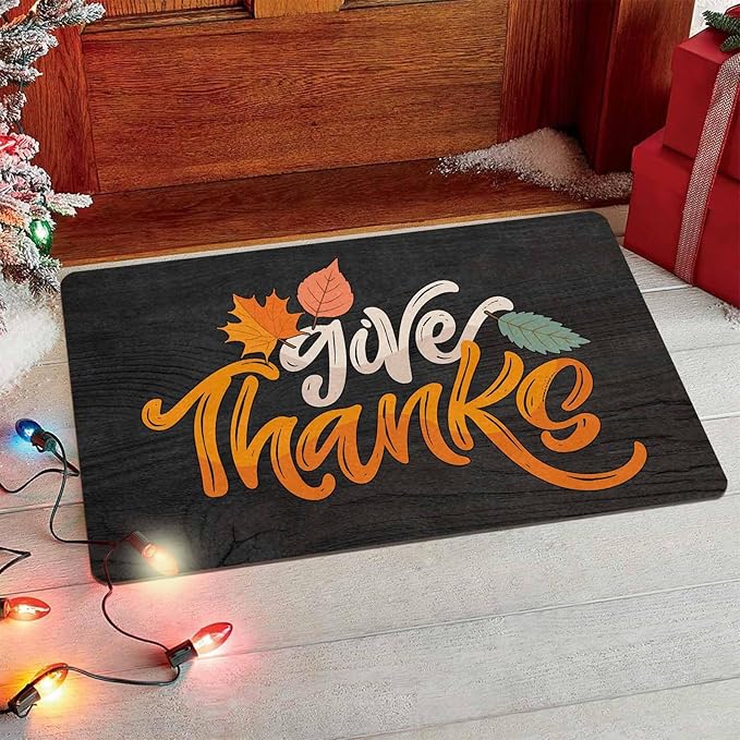 InterestPrint Fall Thanksgiving Welcome Door Mat, Give Thanks Decor for Covered Outdoor Area Fall Maple Leafs Decor Welcome Mat for Autumn Halloween Thanksgiving Farmhouse Decor, 24"x16"inch