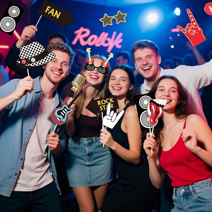 SUNBEAUTY 18 Pcs Rock and Roll Birthday Party Decorations Music Note Guitar Star Photo Booth Props Music Theme Party Supplies