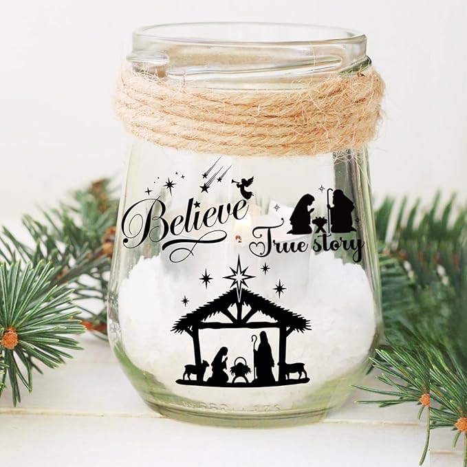 80Pcs Christmas Nativity Decals for Crafts Vinyl Christmas Word Stickers for Glass Jars Nativity Stickers Mason Jar Decals for Ornaments Ball Glass Cup Bottle Decoration(joy3in80)