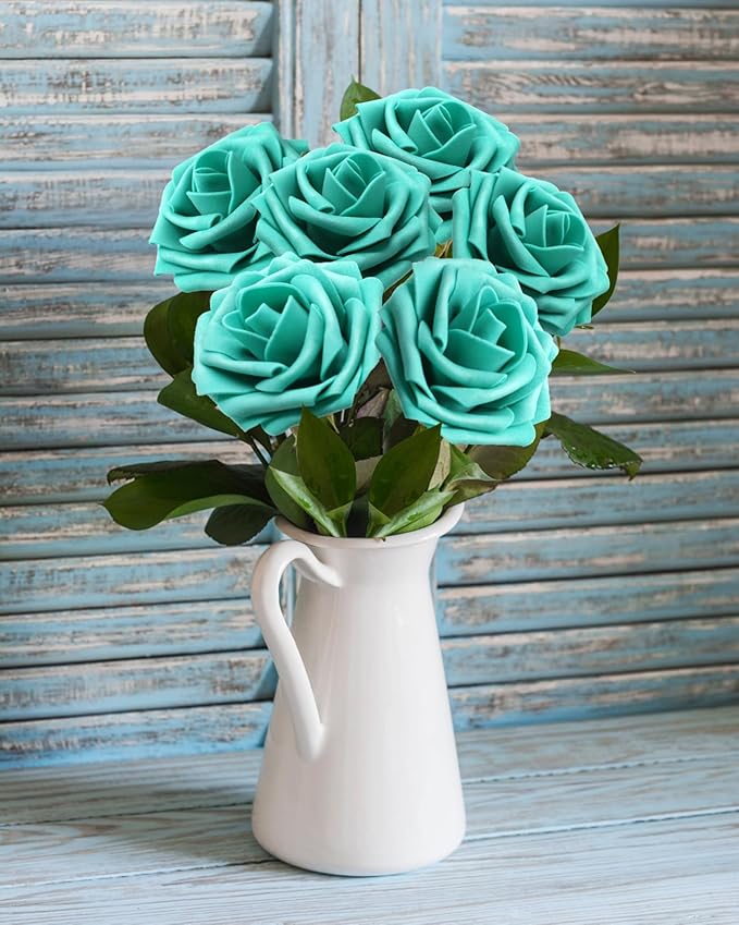 100PCS Dark Turquoise Artificial Flowers Realistic Roses, Real Looking Fake Roses with Stem for DIY Wedding Bouquets Centerpieces Bridal Shower Party Home Romantic Decorations (Dark Turquoise, 100pcs)