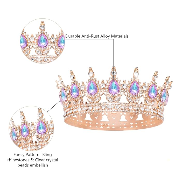 Queen Crown Rhinestone Wedding Crowns and Tiaras for Women Costume Party Hair Accessories Princess Birthday Crown Crystal Bridal Crown (Rose Gold & Violet Crown)