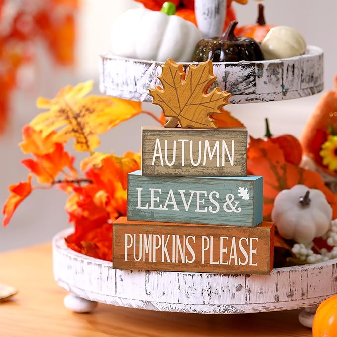 4 Pcs Thanksgiving Decorations for Home Fall Decor Wooden Maple Leaf Thanksgiving Table Centerpiece Fall Tiered Tray Rustic Wood Maple Leaf Block Sign Farmhouse for Home Kitchen Shelf