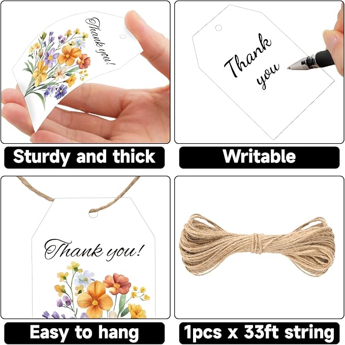 G2PLUS 50Pcs Thank You Tags - 3.3x2.2 in Floral Gift Tags with String, Thank You for Celebrating with Us Tag, White Paper Party Favors Hangtag for Wedding, Baby Shower, Bridal Shower, Birthday