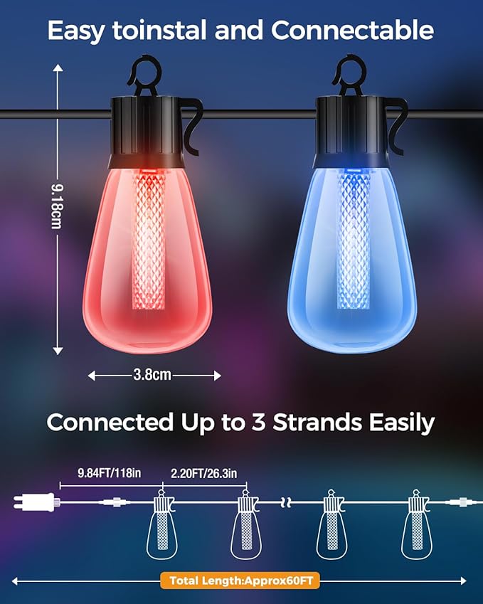 litogo 60FT Color Changing Outdoor String Lights with Remote - Dimmable LED RGB Patio Lights for Outside with Shatterproof Waterproof Edison Bulbs for Yard Gazebo Party Wedding Holiday