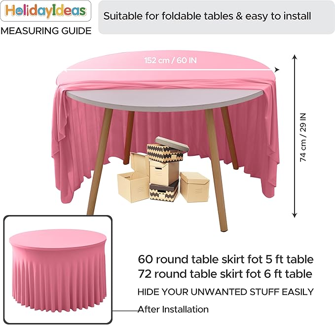 HolidayIdeas 60 Inch Pink Spandex Round Table Skirts,Fitted Stretch Tablecloths for Round 5 ft Table, Wrinkle-Free Ruffle Design Tablecloths for Banquets,Trade Shows, Parties, Events, 6 Pcs