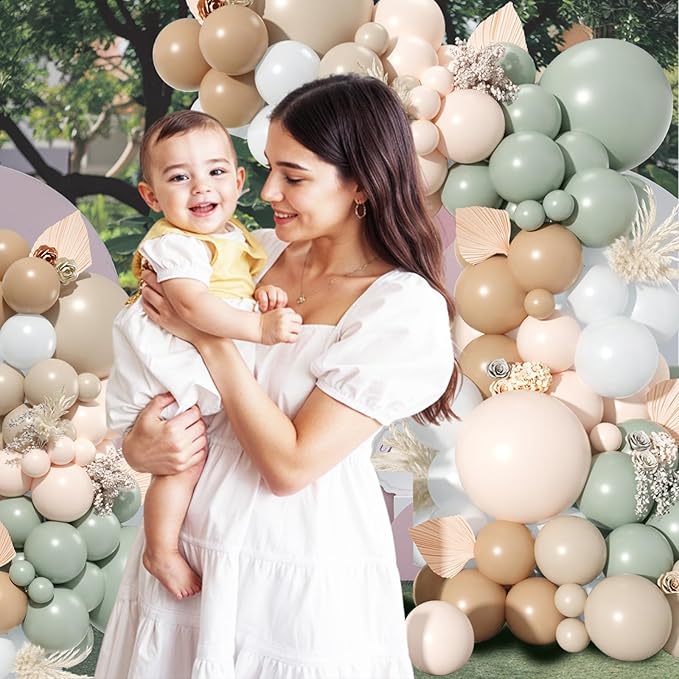 Dusty Green Nude Balloon Arch Kit, Double Stuffed Blush Brown Cream Sand White Balloon Garland Neutral Apricot Matte Latex Balloons for Baby Shower Wedding Birthday Gender Reveal Party Decoration