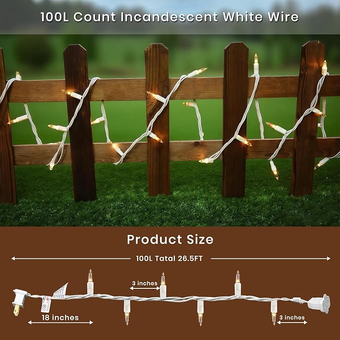 Clear Christmas Lights- 100 Count Mini Incandescent String Lights with White Wire, UL Listed Indoor Connectable White Lights for Wedding, Curtain, Party & Holiday Décor